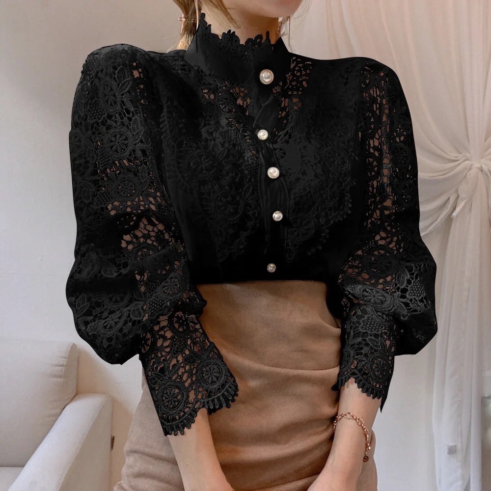 Lace blouse floral black womens button clothing long sleeve
